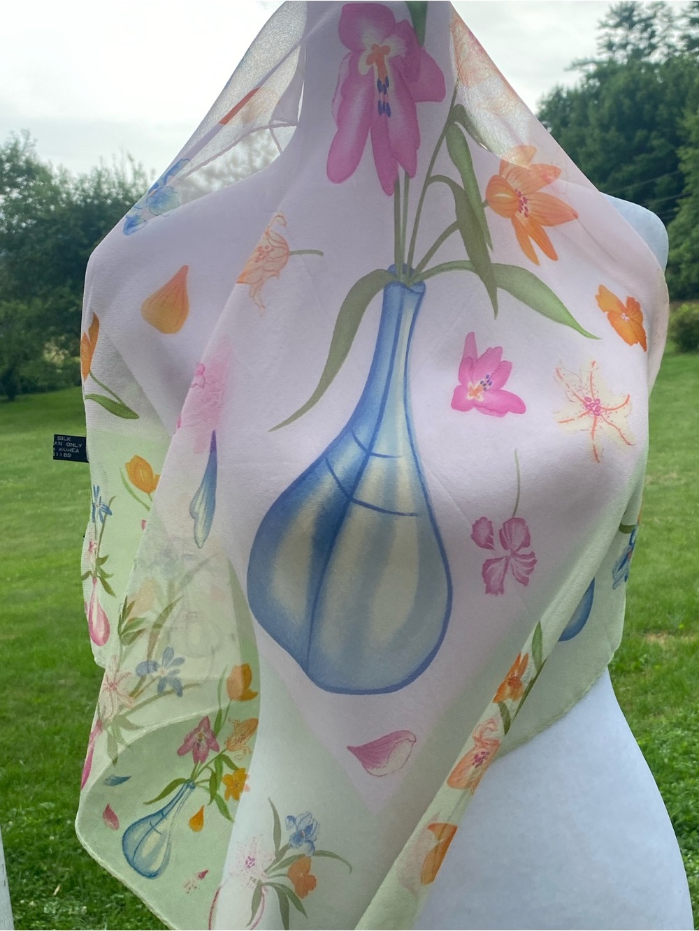 Vintage Halston Floral Vase Silk Chiffon Scarf in Pink, Blue & Orange